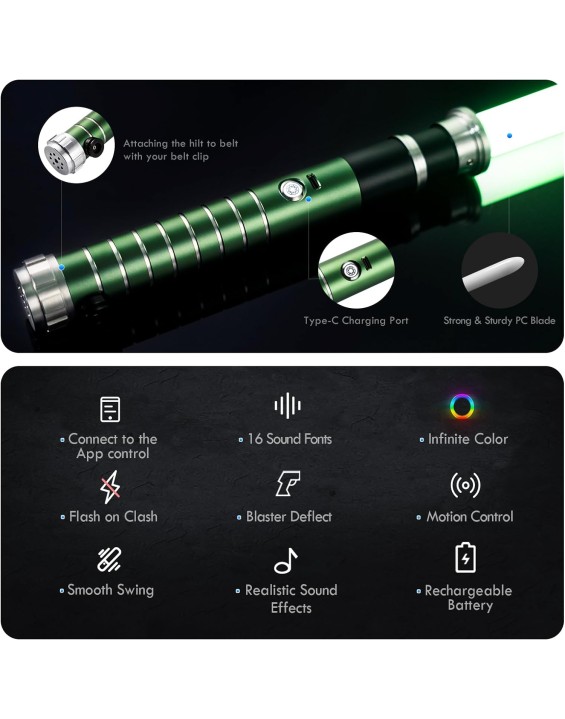 Upgrade RGB3.0 Smooth Swing Green Light Saber, Motion Control Dueling Light Saber 16 Sound Fonts Saber 