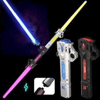 2 Pack Lightsaber for Kids, RGB 7 Color Rechargeable Star War Light Up Saber with FX Sound &amp; Charging Cable, Retractable Light Swords for Party Costume Fighters &amp; Warriors Easter Gifts Black &amp; Silver