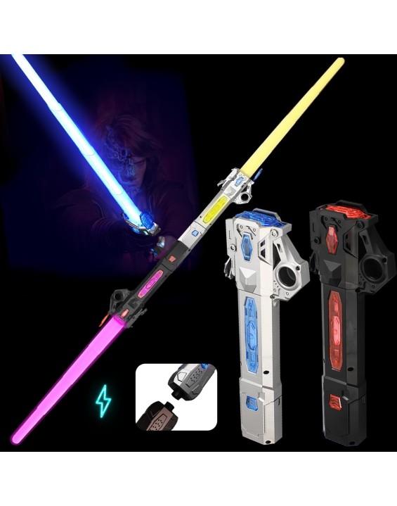 2 Pack Lightsaber for Kids, RGB 7 Color Rechargeable Star War Light Up Saber with FX Sound &amp; Charging Cable, Retractable Light Swords for Party Costume Fighters &amp; Warriors Easter Gifts Black &amp; Silver