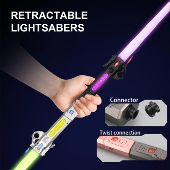 2 Pack Lightsaber for Kids, RGB 7 Color Rechargeable Star War Light Up Saber with FX Sound &amp; Charging Cable, Retractable Light Swords for Party Costume Fighters &amp; Warriors Easter Gifts Black &amp; Silver