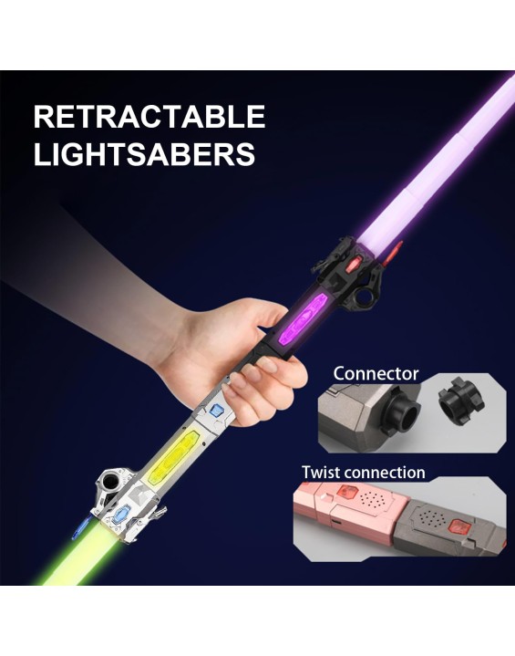 2 Pack Lightsaber for Kids, RGB 7 Color Rechargeable Star War Light Up Saber with FX Sound &amp; Charging Cable, Retractable Light Swords for Party Costume Fighters &amp; Warriors Easter Gifts Black &amp; Silver