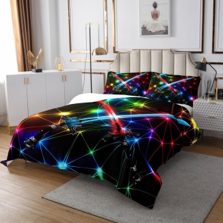 Manfei Sword Red Blue King Coverlet Set Rainbow Neon Crossed Stripes Quilted 3 Pcs