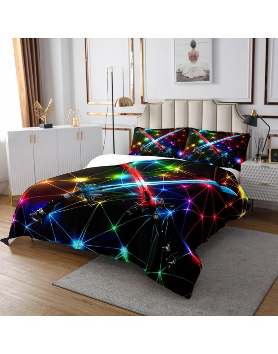 Manfei Sword Red Blue King Coverlet Set Rainbow Neon Crossed Stripes Quilted 3 Pcs